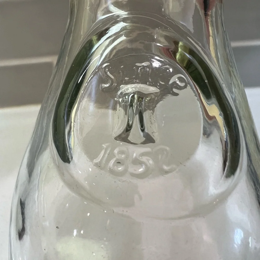 Small Vintage Milk Wine Juice Decanter Carafe Bottle Since 1852 Old Clear Glass